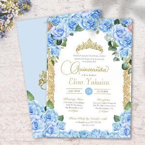 Light Blue Rose Floral Gold Elegant Quinceanera