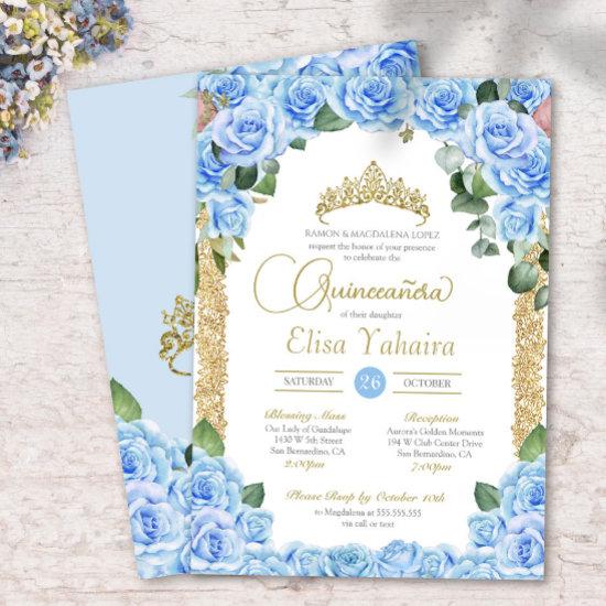 Light Blue Rose Floral Gold Elegant Quinceanera