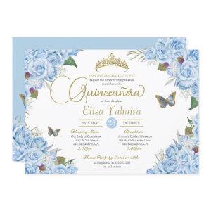 Light Blue Rose Floral Tiara Butterfly Quinceanera