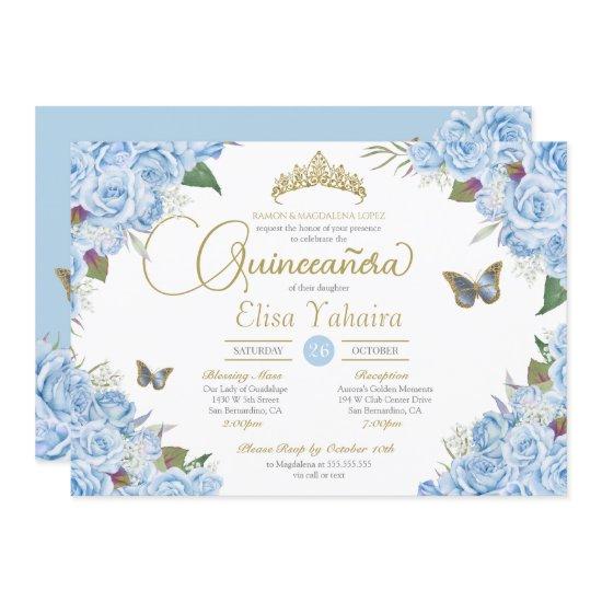 Light Blue Rose Floral Tiara Butterfly Quinceanera