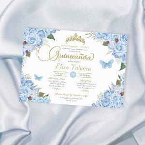 Light Blue Rose Floral Tiara Butterfly Quinceanera