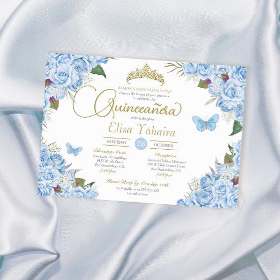Light Blue Rose Floral Tiara Butterfly Quinceanera
