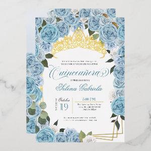 Light Blue Roses Princess Quinceanera Real Gold Foil