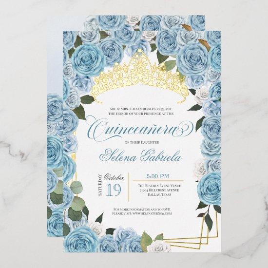 Light Blue Roses Princess Quinceanera Real Gold Foil