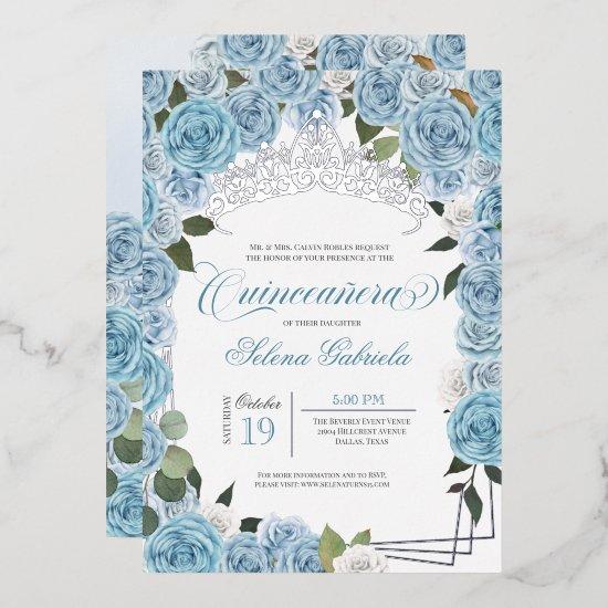 Light Blue Roses Princess Quinceanera Tiara Real  Foil
