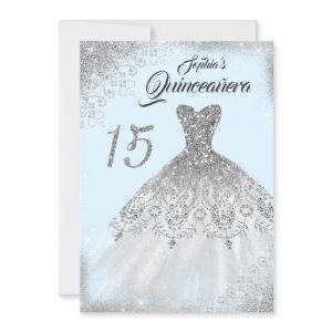 Light Blue Silver Lace Diamond Gown Quinceanera