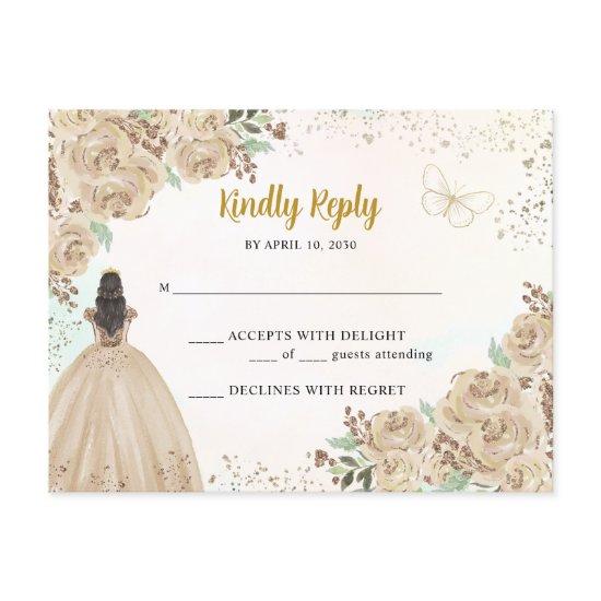 Light Gold Copper Floral Princess Quinceañera RSVP Postcard