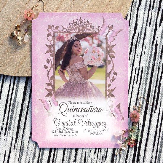 Light Pink Beige Butterflies, Ornate Quinceanera