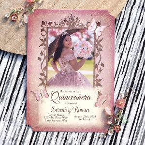 Light Pink Butterflies, Ornate Brown Quinceanera