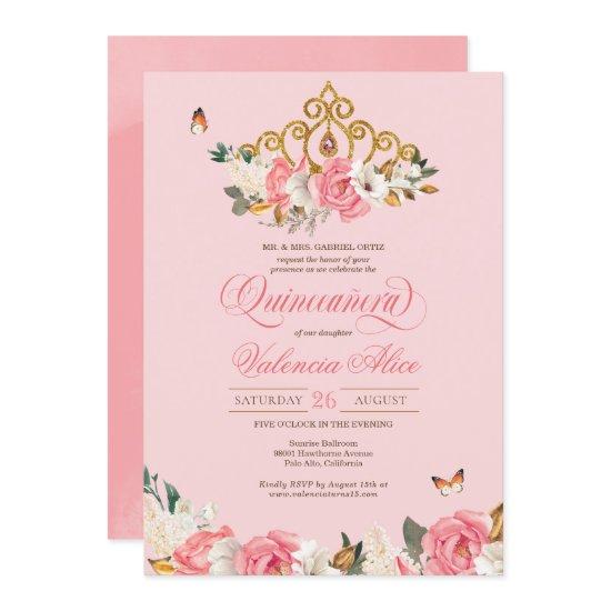 Light Pink Rose Butterflies Quinceanera Gold Tiara
