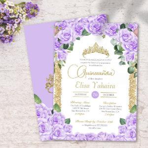 Light Purple Rose Floral Gold Elegant Quinceanera