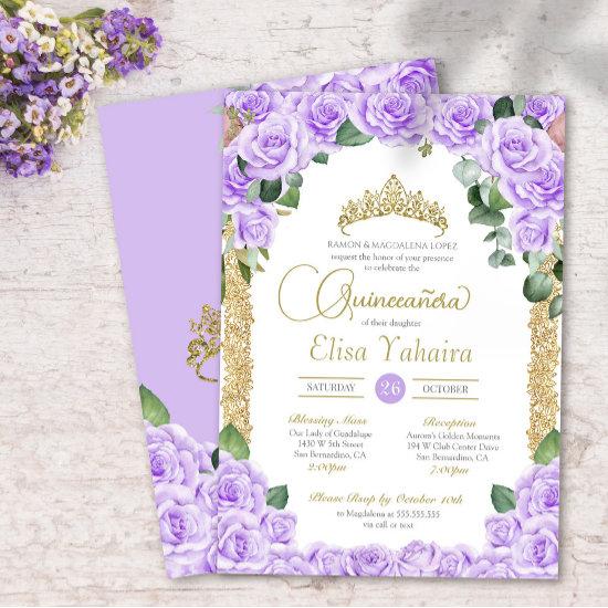 Light Purple Rose Floral Gold Elegant Quinceanera