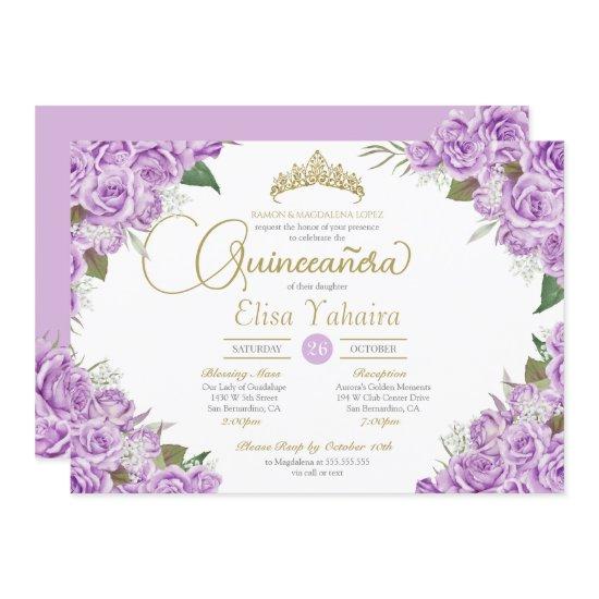 Light Purple Rose Floral Gold Tiara Quinceanera