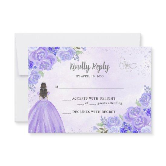 Light Purple Silver Floral Princess Quinceañera RSVP Card