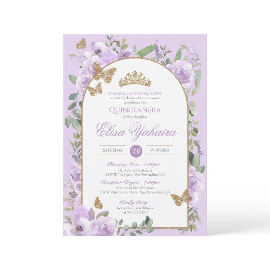 Light Purple Watercolor Gold Butterfly Quinceanera