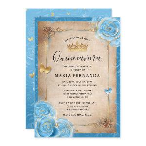 Light Sky Blue and Gold Rose Elegant Quinceanera