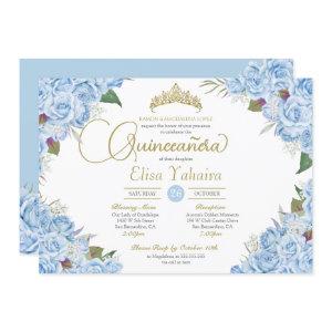 Light Sky Blue Rose Floral Gold Tiara Quinceanera
