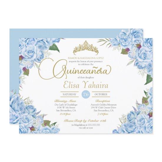Light Sky Blue Rose Floral Gold Tiara Quinceanera