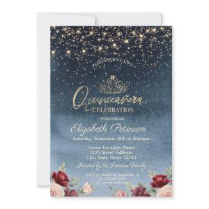 Lights,Burgundy Flowers Navy Blue Quinceañera