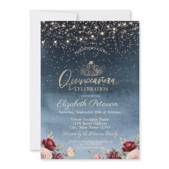 Lights,Burgundy Flowers Navy Blue Quinceañera