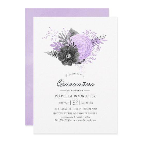 Lilac and Charcoal Watercolor Floral Quinceañera