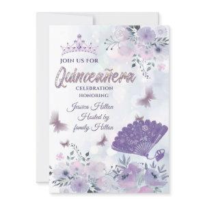 Lilac Butterfly floral hand fan tiara Quinceañera