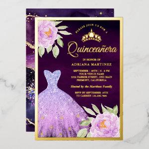 Lilac Floral Gown Purple Quinceanera Gold Foil