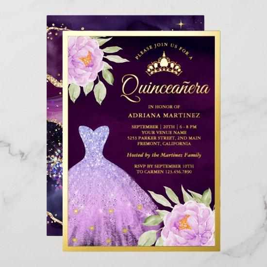 Lilac Floral Gown Purple Quinceanera Gold Foil