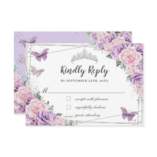 Lilac Pink Floral Roses Quinceañera Butterflies RSVP Card