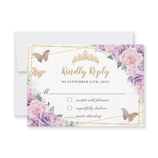 Lilac Pink Floral Roses Quinceañera Butterflies RSVP Card