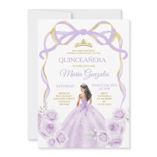 Lilac Purple Bow Princess Gold Crown Quinceañera