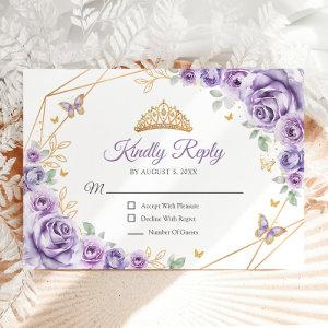 Lilac Purple Gold Floral Quinceanera Reply RSVP Card