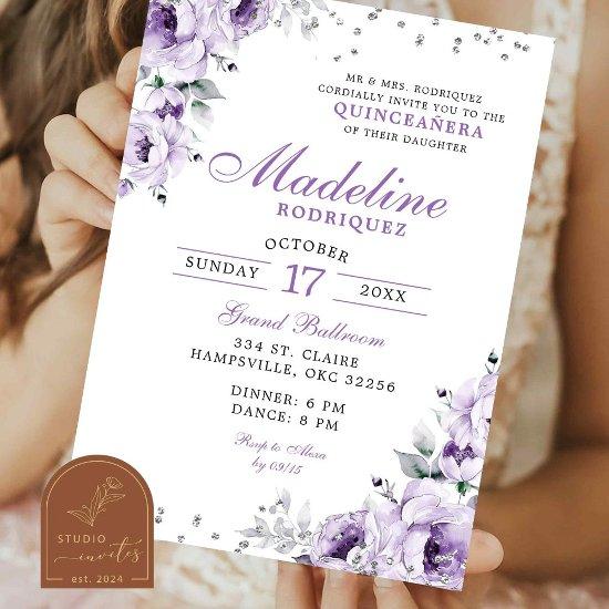 Lilac Purple Silver Floral Quinceanera