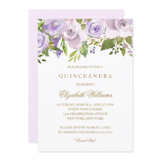 Lilac Purple Watercolor Floral Quinceanera Invite