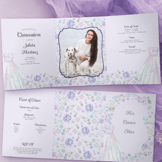 Lilac Quinceanera Diamonds Princess Dress Photo Tri-Fold