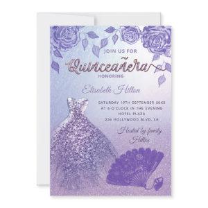 Lilac roses romantic Glitter dress fan Quinceañera