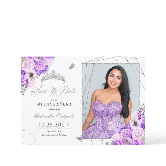 Lilac Silver Photo Card Quinceañera Save The Date