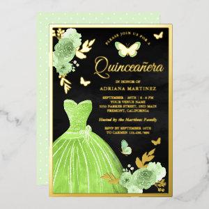 Lime Green Floral Butterfly Black Quinceanera Gold Foil