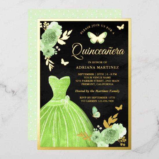 Lime Green Floral Butterfly Black Quinceanera Gold Foil