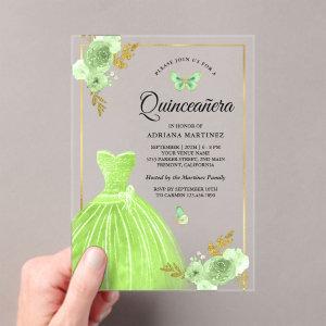 Lime Green Floral Dress Butterfly Gold Quinceanera Acrylic