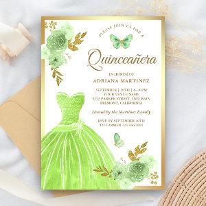 Lime Green Floral Dress Butterfly Gold Quinceanera