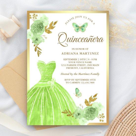 Lime Green Floral Dress Butterfly Gold Quinceanera