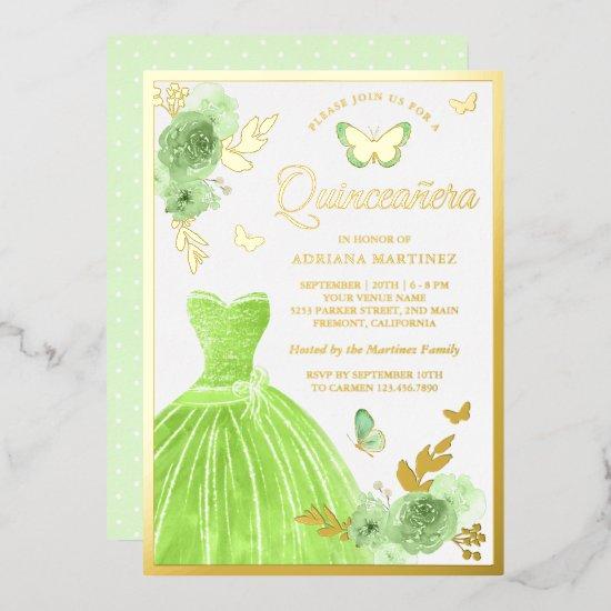 Lime Green Floral Dress Butterfly Quinceanera Gold Foil