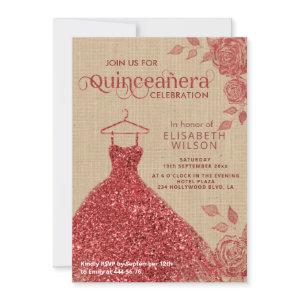 Linen vintage Red roses glitter dress Quinceañera