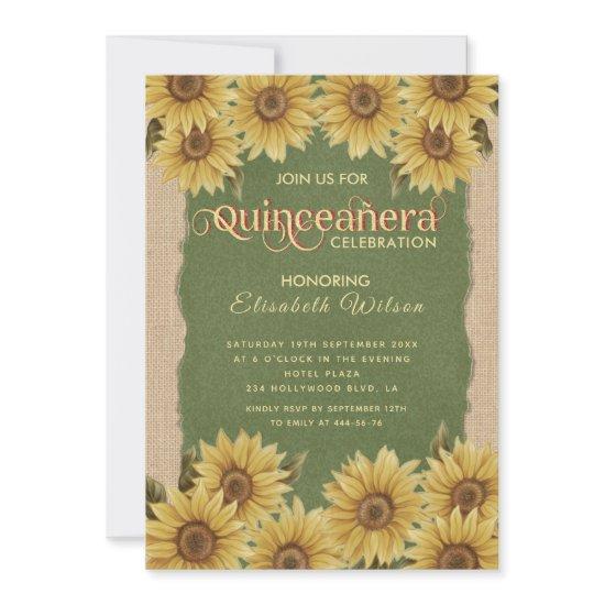 Linen vintage sunflower green Quinceañera Invitati