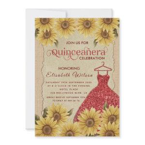 Linen vintage  sunflower red dress Quinceañera  In