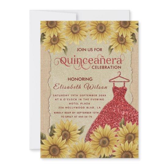 Linen vintage  sunflower red dress Quinceañera  In