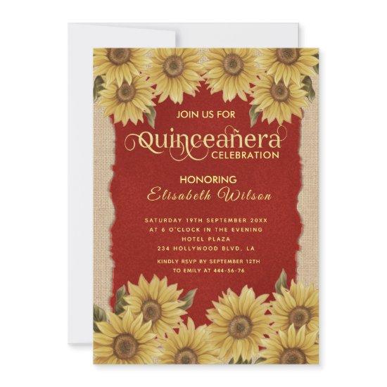 Linen vintage sunflower red  Quinceañera Invitatio