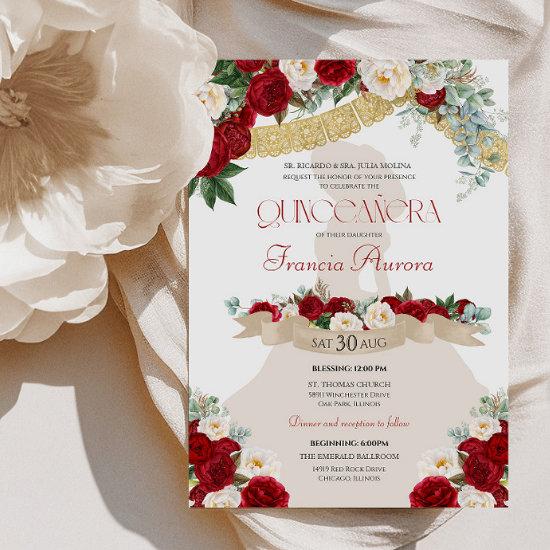 Lovely Elegant Charro Red White Gold Quinceanera