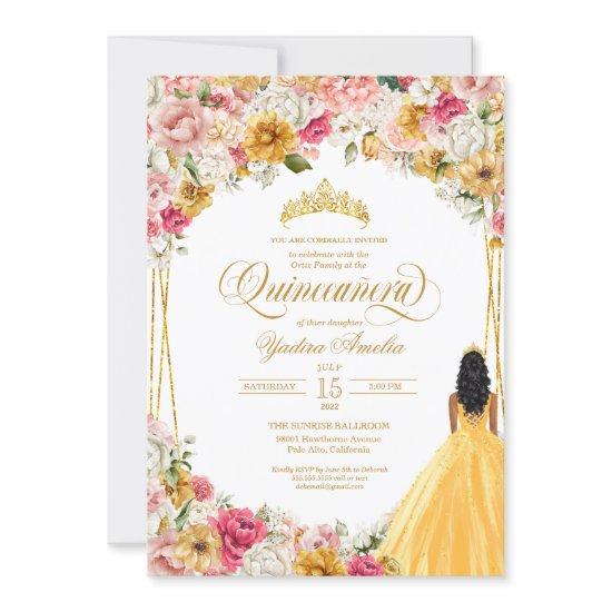 Lush Blush Pink Yellow Gold Floral Quinceanera Inv
